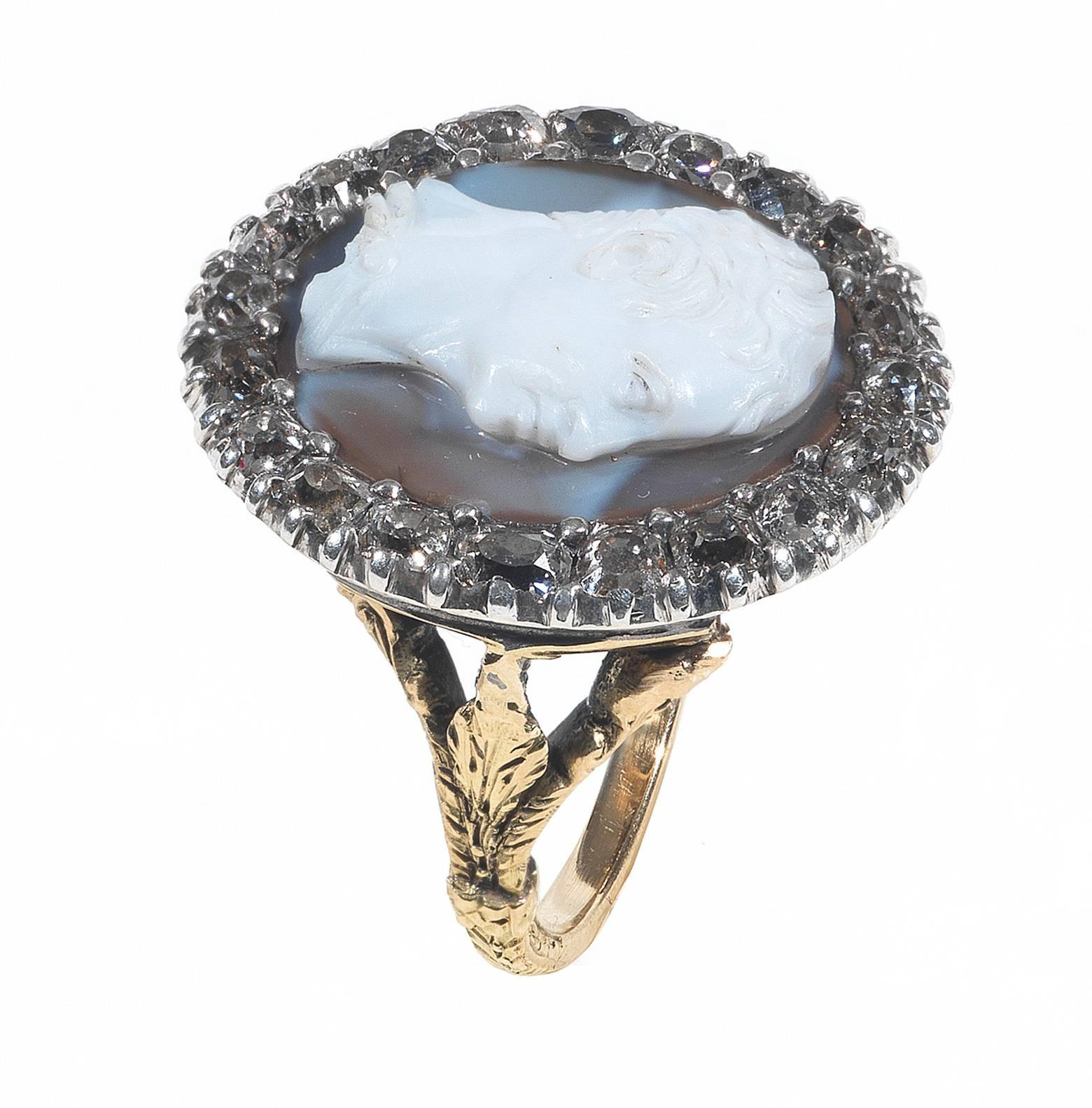 Antique Renaissance 17th Century Diamond Onyx Cameo Ring of Catullo  In Excellent Condition In Firenze, IT