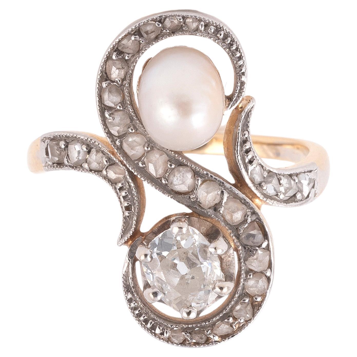 Antique Old Cut Diamond And Natural Pearl Ring For Sale