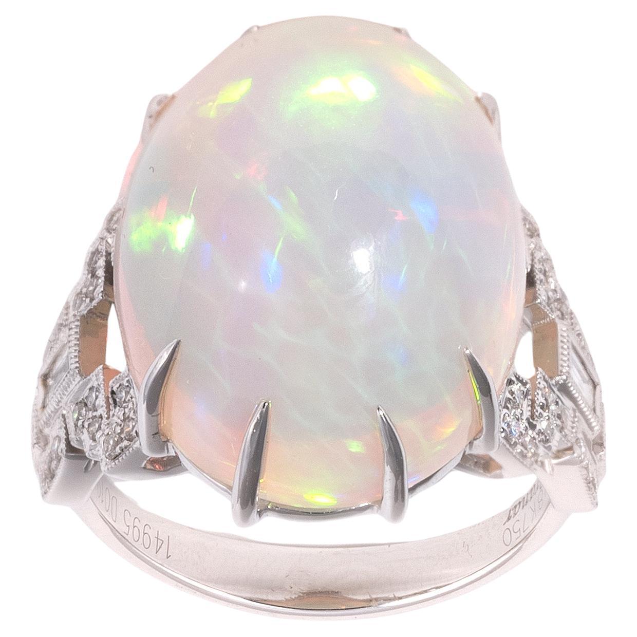 Retro 18kt White Gold Diamond And 15ct Cabochon Opal Ring For Sale