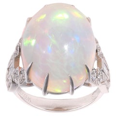 Retro 18kt White Gold Diamond And 15ct Cabochon Opal Ring
