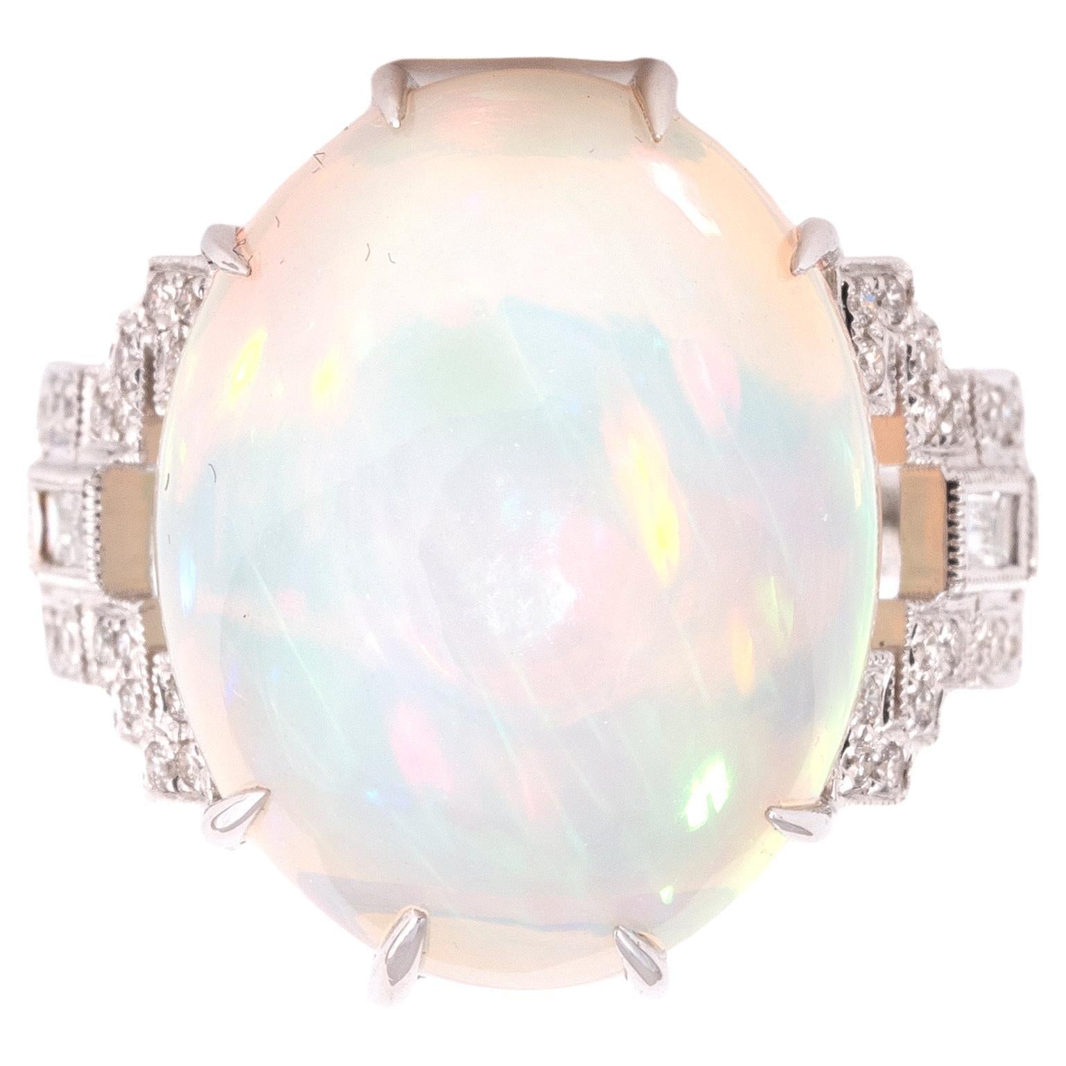 Women's or Men's Retro 18kt White Gold Diamond And 15ct Cabochon Opal Ring For Sale