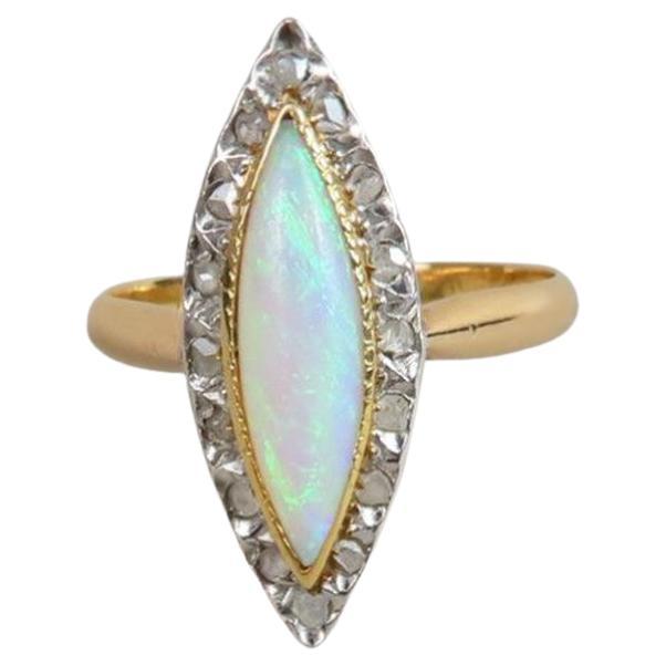 Antique 18kt Rose Gold Rose Diamond And Marquise Opal Ring For Sale