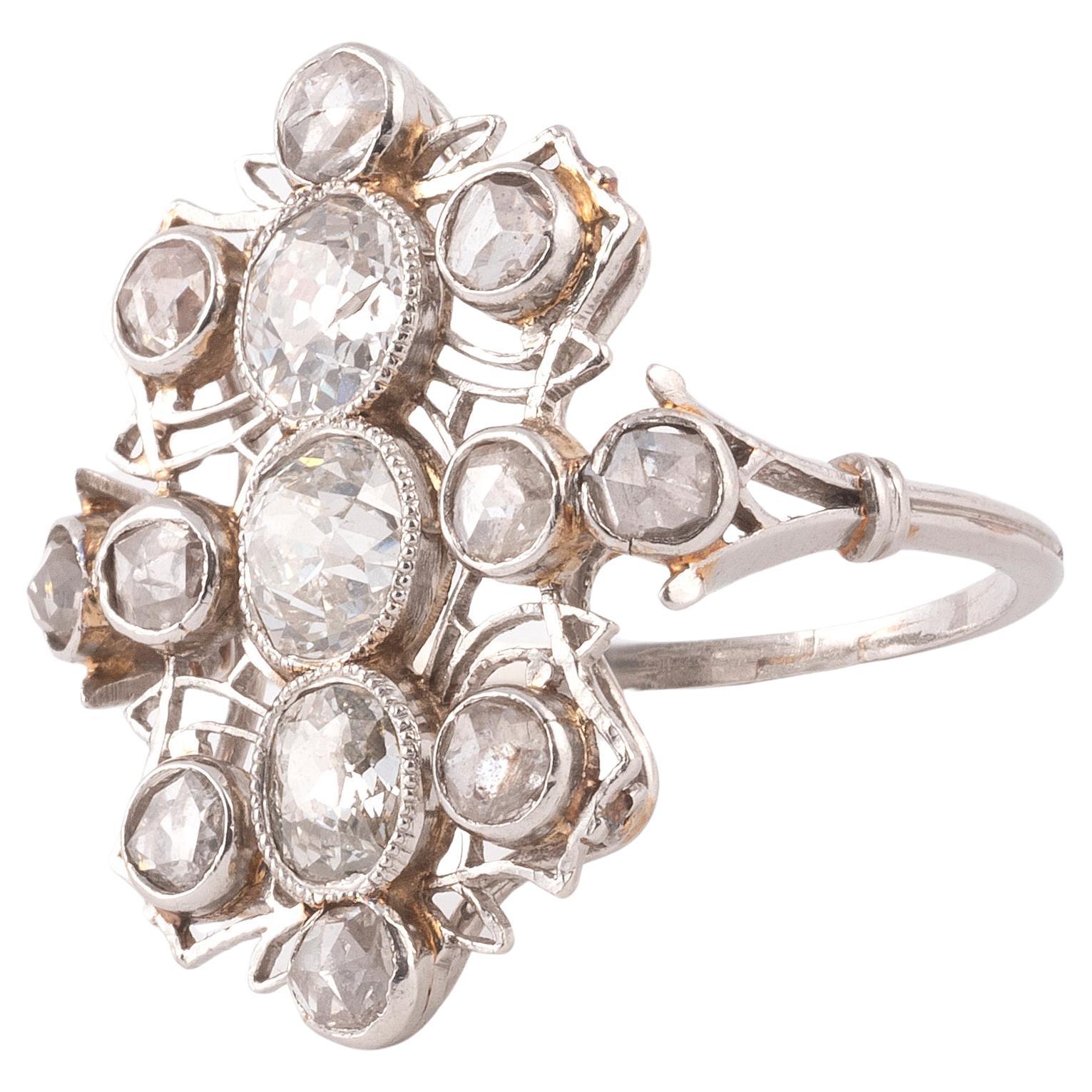 Old European Cut Belle Époque Platinum & Three Stone Old Cut Diamond Ring 1900's For Sale