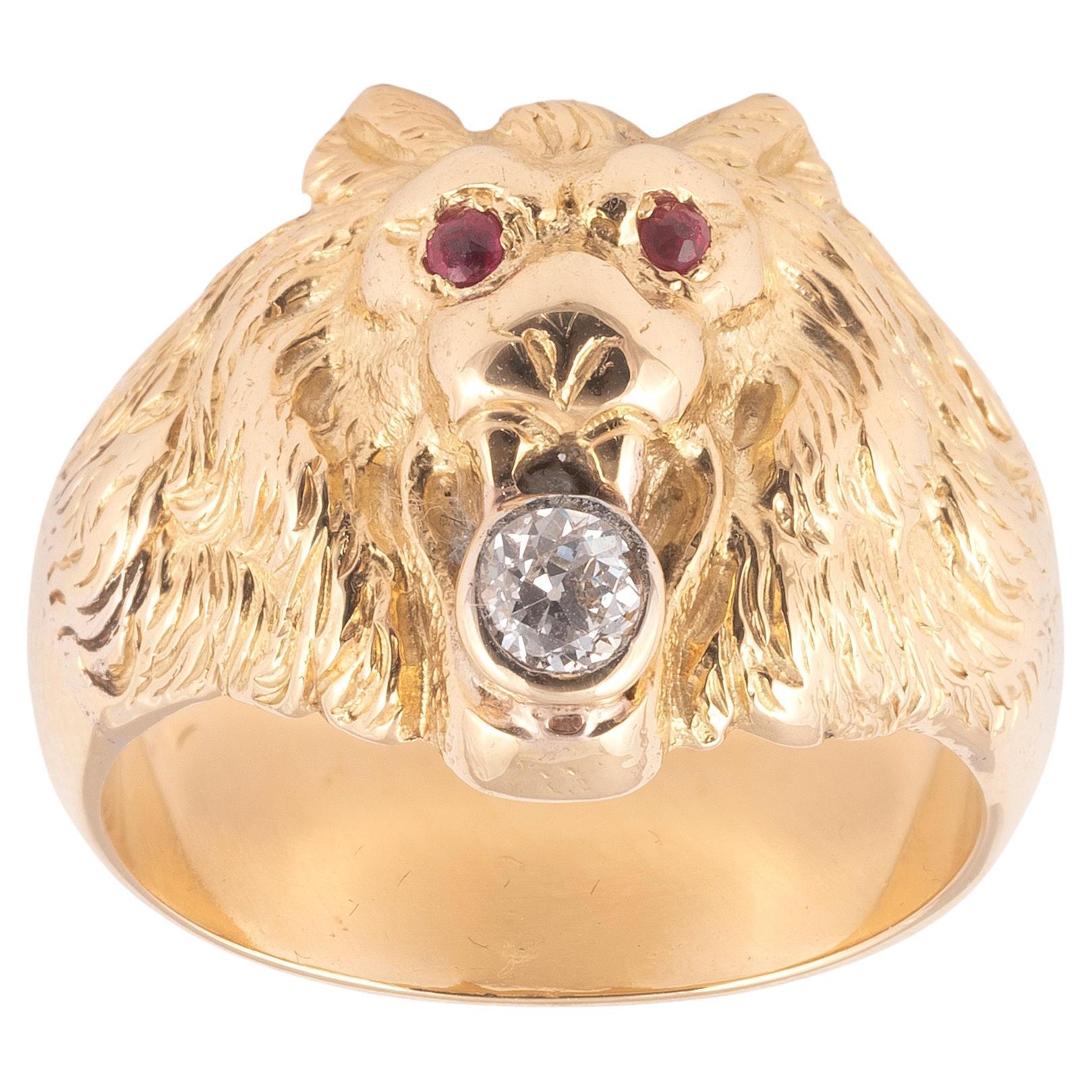Anillo de hombre de oro vintage con rubí y diamante talla antigua Corte europeo antiguo en venta