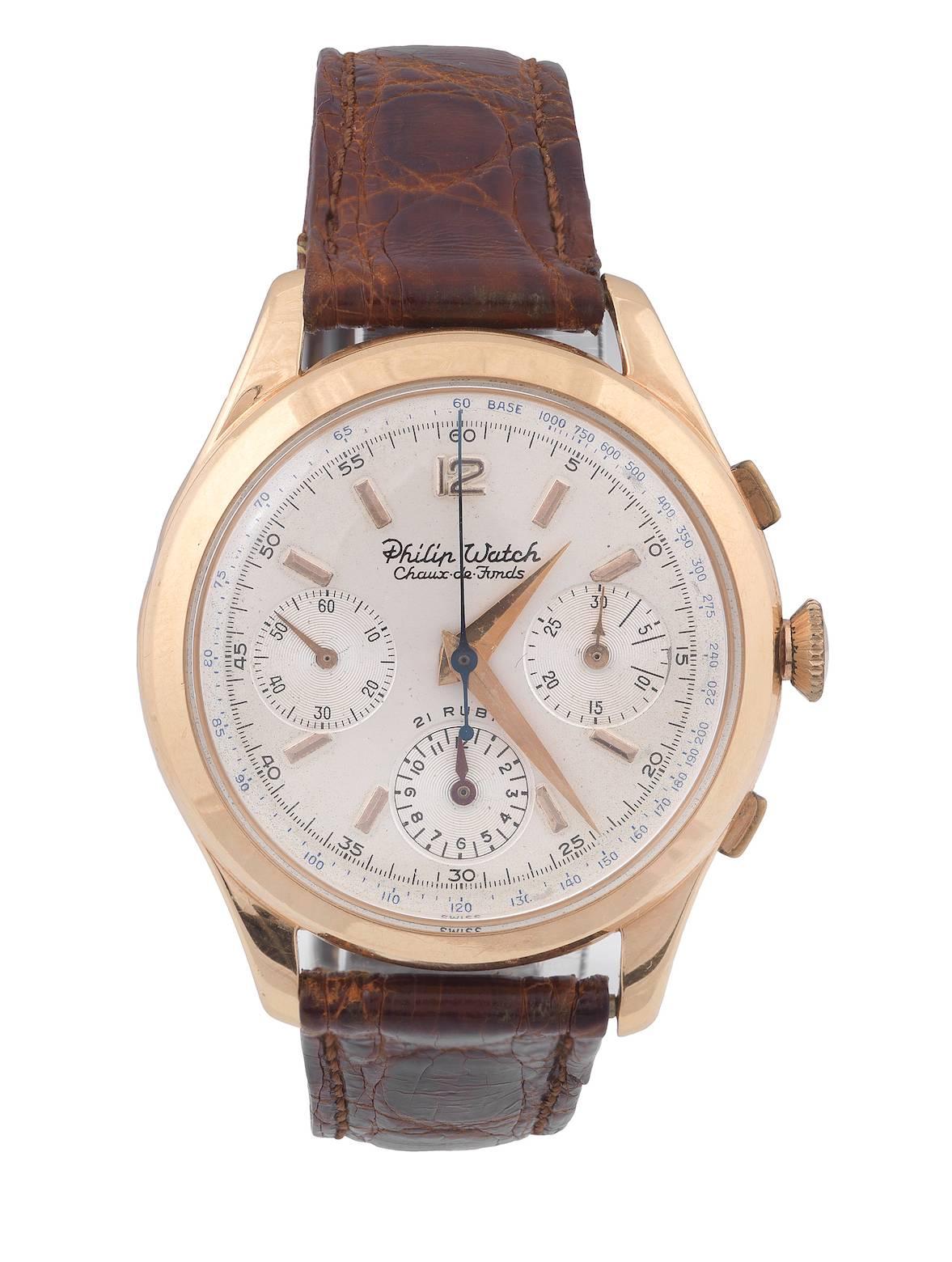 PLEASE NOTE: OUR PRICE IS FULLY INCLUSIVE OF SHIPPING, IMPORTATION TAXES & DUTIES.

Made in 1970’s.

Valjoux 72 manual 21 jewels wind movement. With square button chronograph, register and tachometer.

18Kt gold case three-body, polished, curved