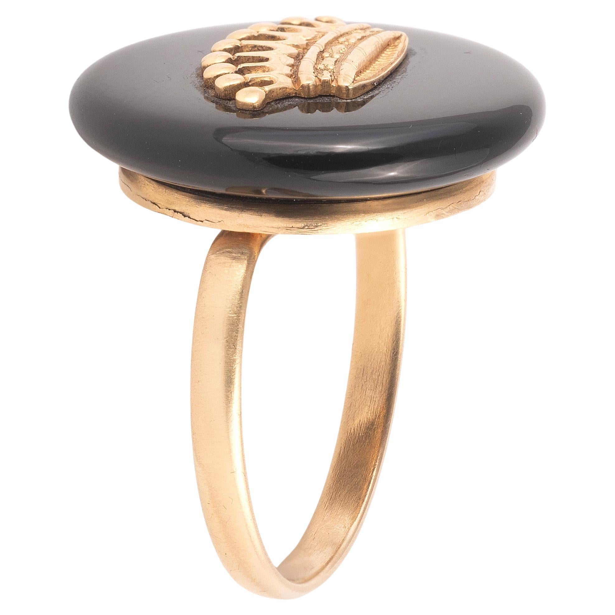 Rose Cut 19th Century Italian Gold And Onyx Crown Ring For Sale