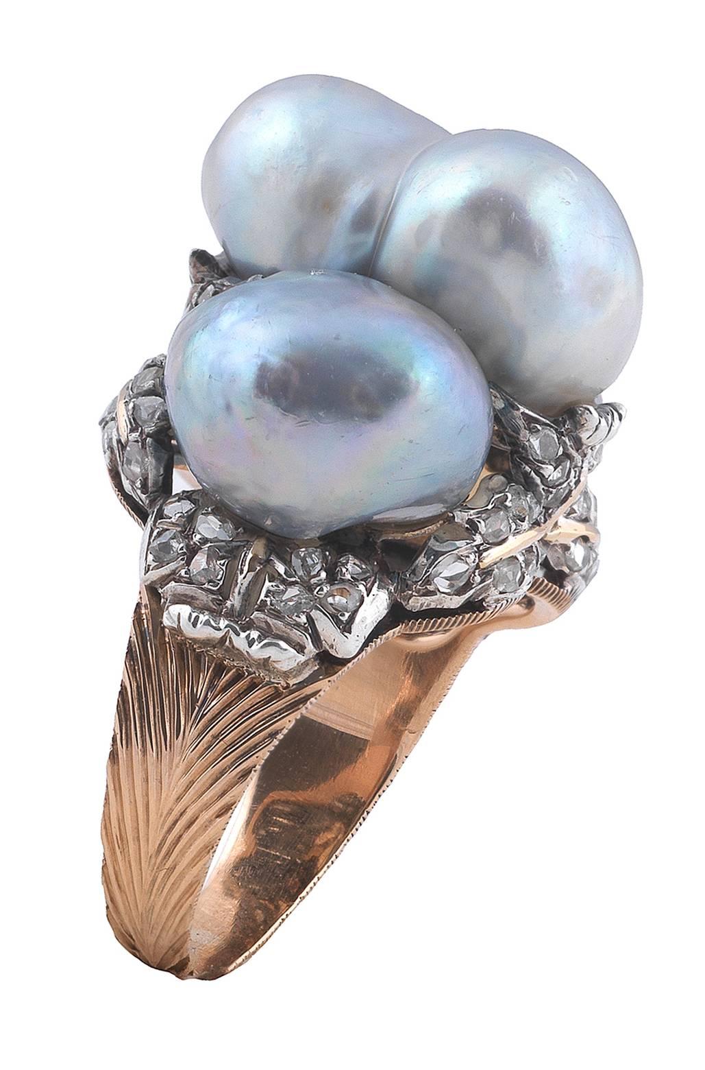 Art Deco 1940s Buccellati Baroque Pearl Diamond Ring