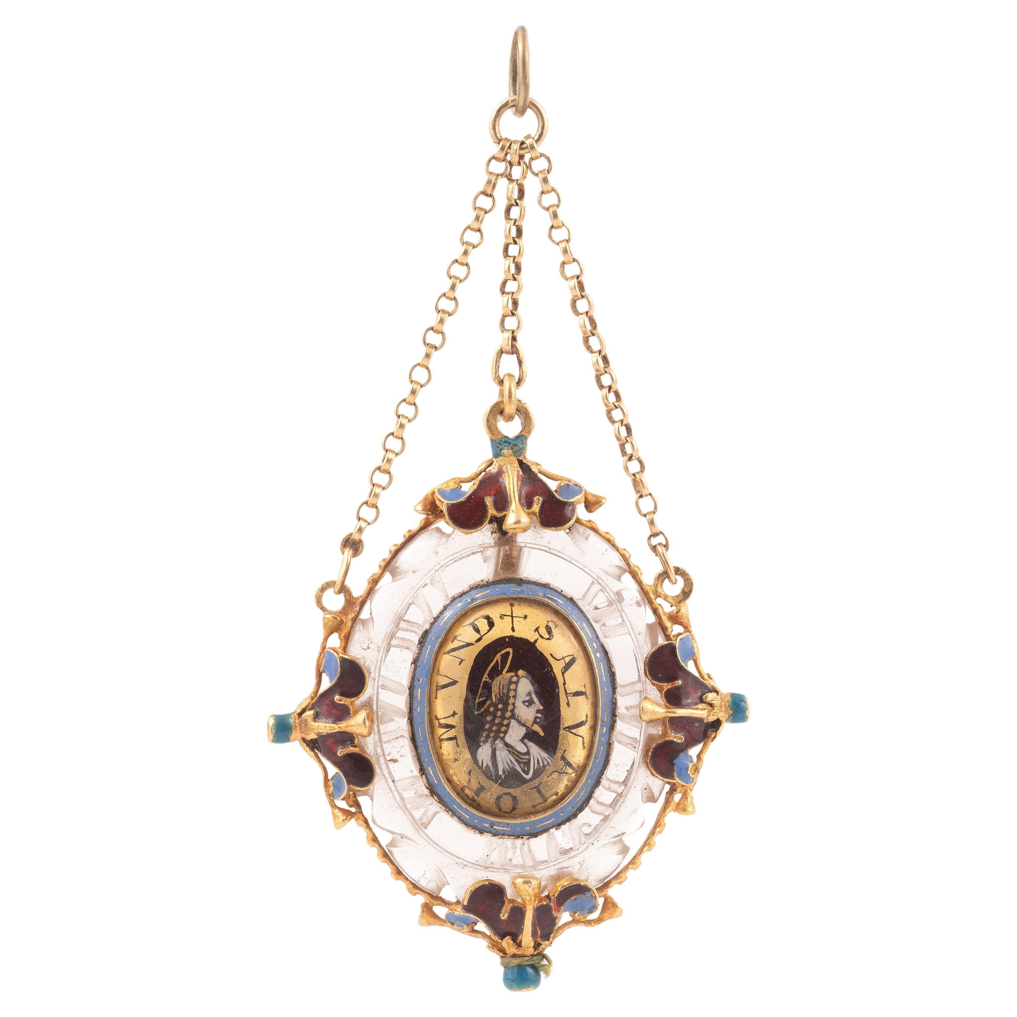 Colgante de devoción de cristal de roca y enemal del Renacimiento italiano de principios del siglo XVII