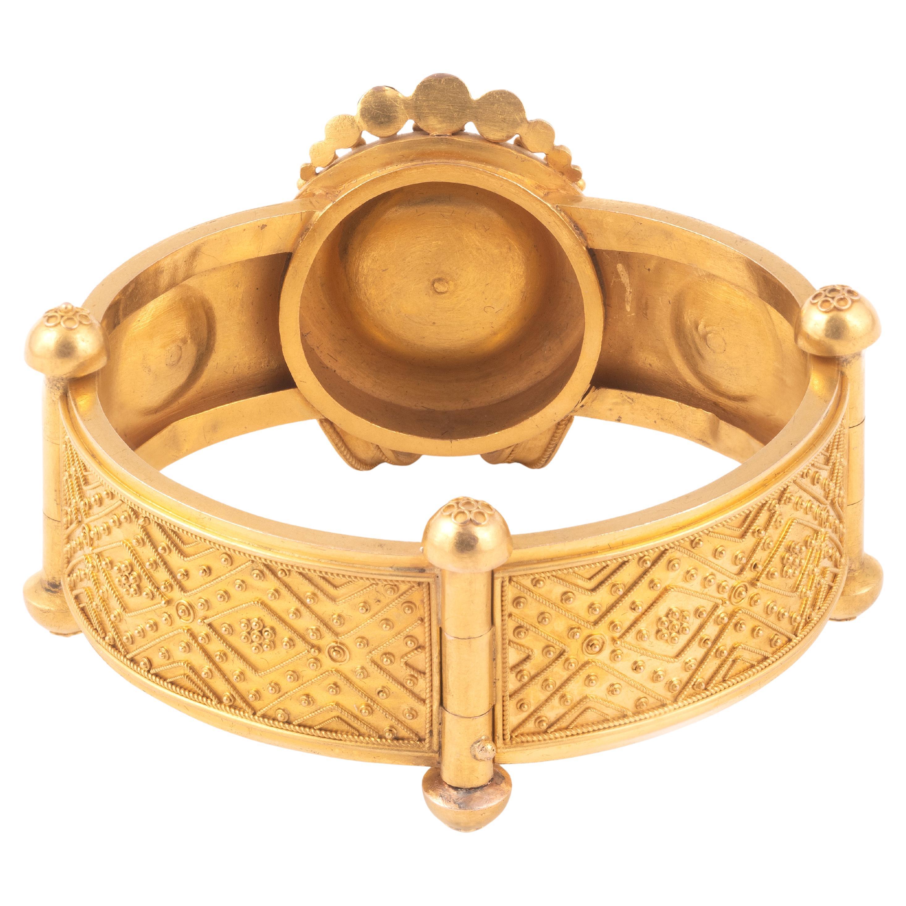 Etruscan Revival Archaeological Revival Gold And Corallium Rubrum Bangle Bracelet 1860's For Sale