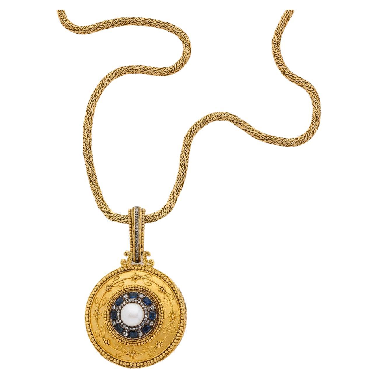 Old European Cut Antique Etruscan Revival Sapphire Pearl And Diamond Pendant For Sale