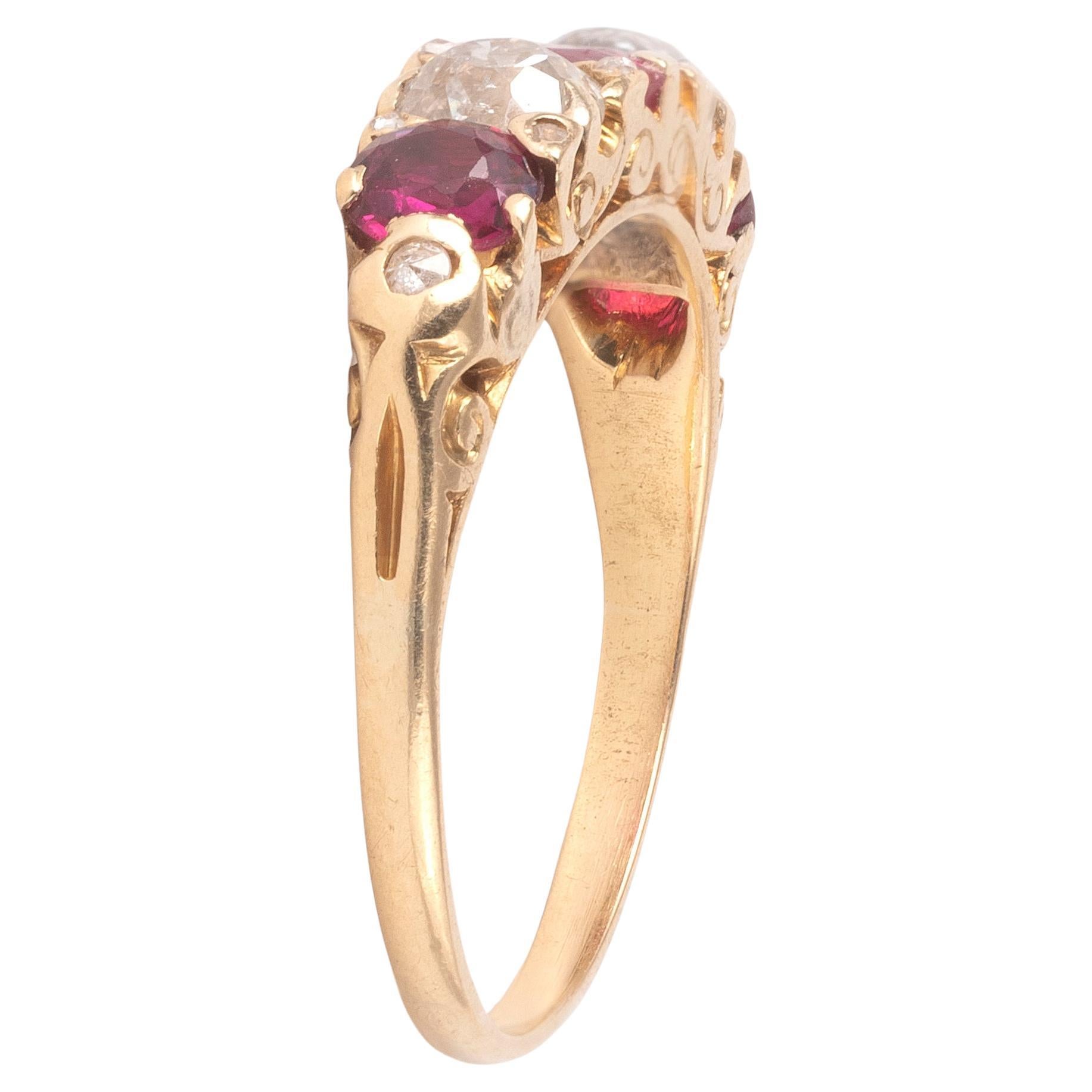 Victorian Antique Ruby And Diamond Graduating Five Stone Ring English c.1900 For Sale