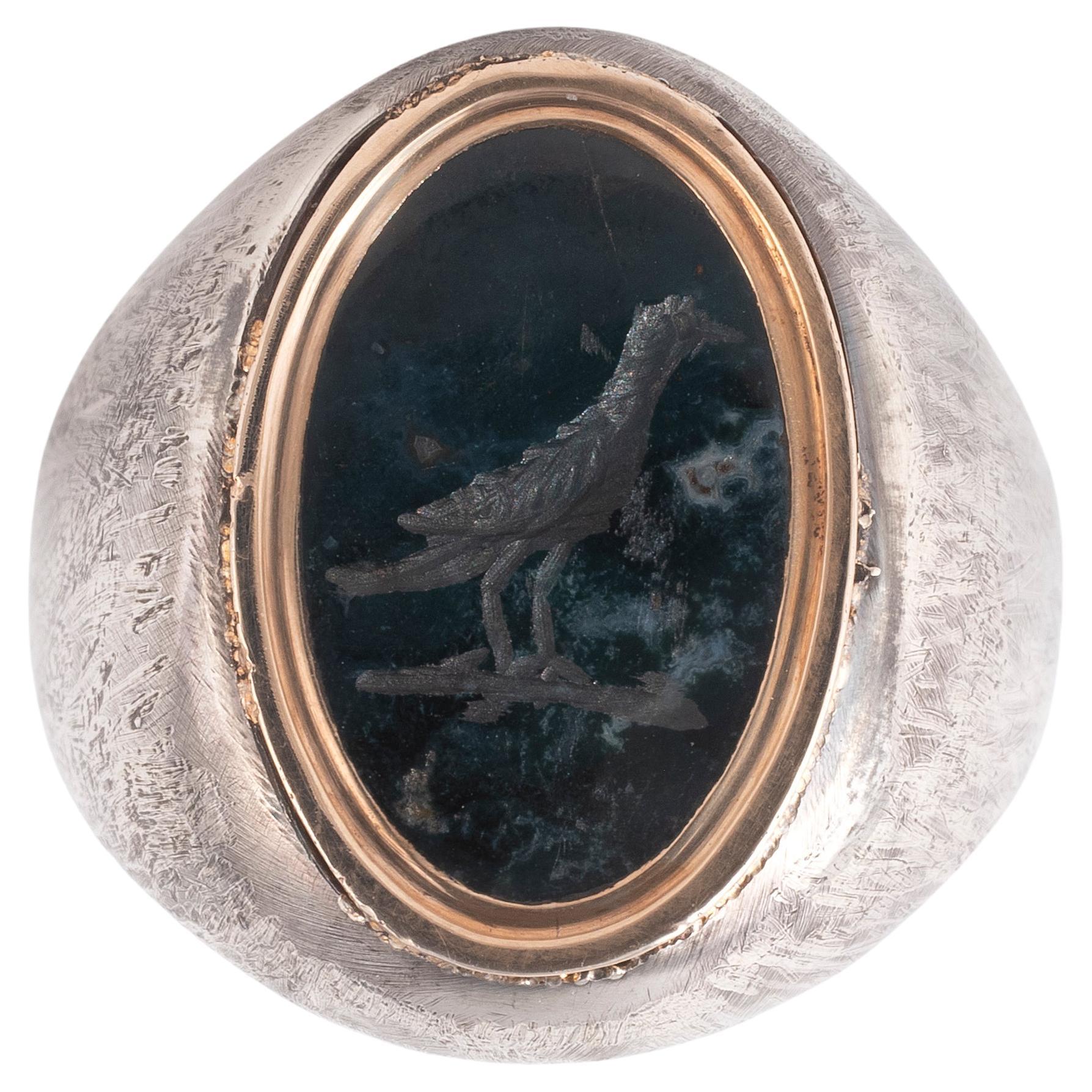 Victorian 18ct Gold &  Silver Green Jasper Men's Ring With Bird Intaglio