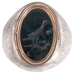 Oro vittoriano 18ct e  Anello da uomo in argento e diaspro verde con incisione di uccelli