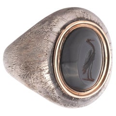 Antique Neoclassical Grey Agate Intaglio Of Heron Men's Ring