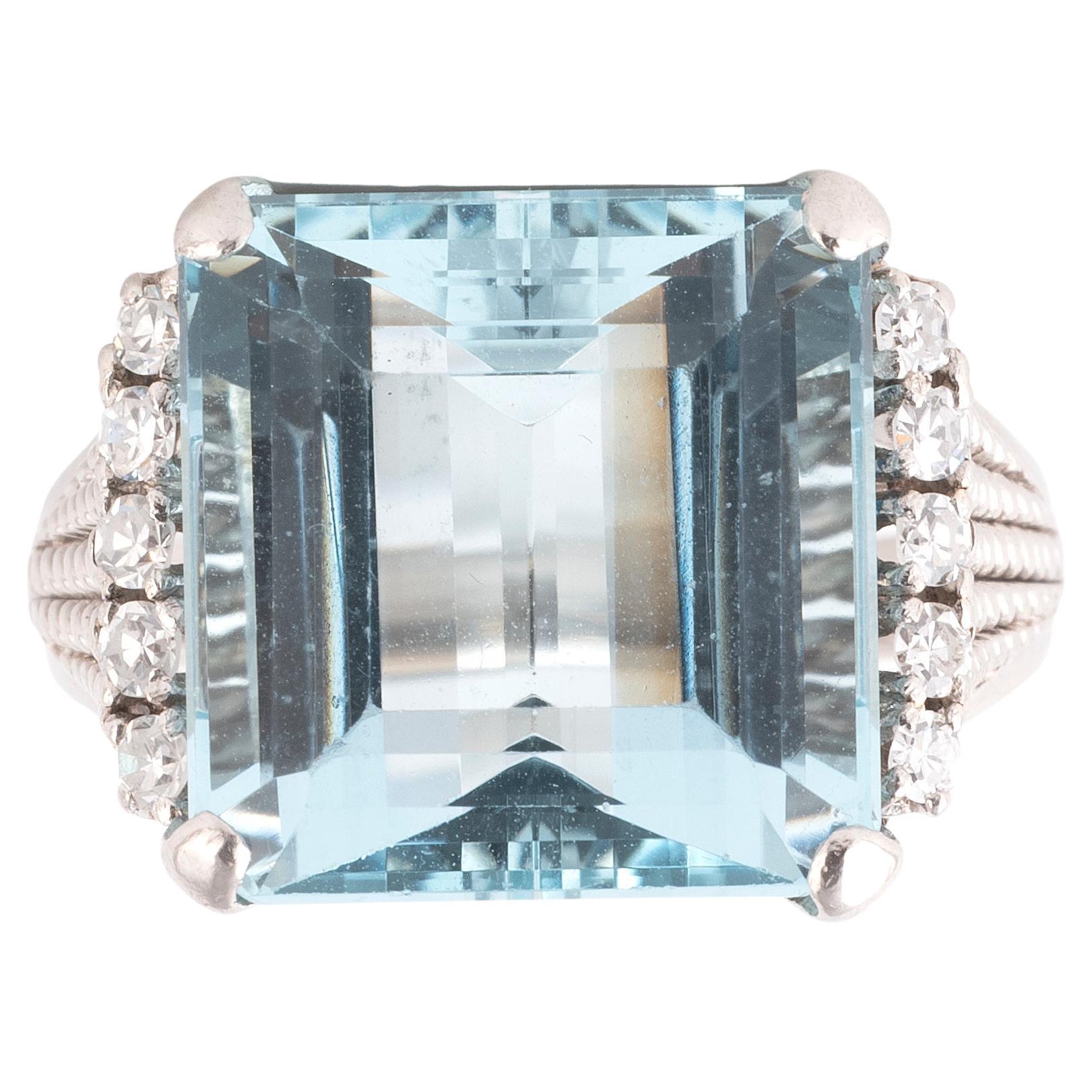 Art Deco' Platin 8ct Aquamarin und Diamant Cocktail Ring