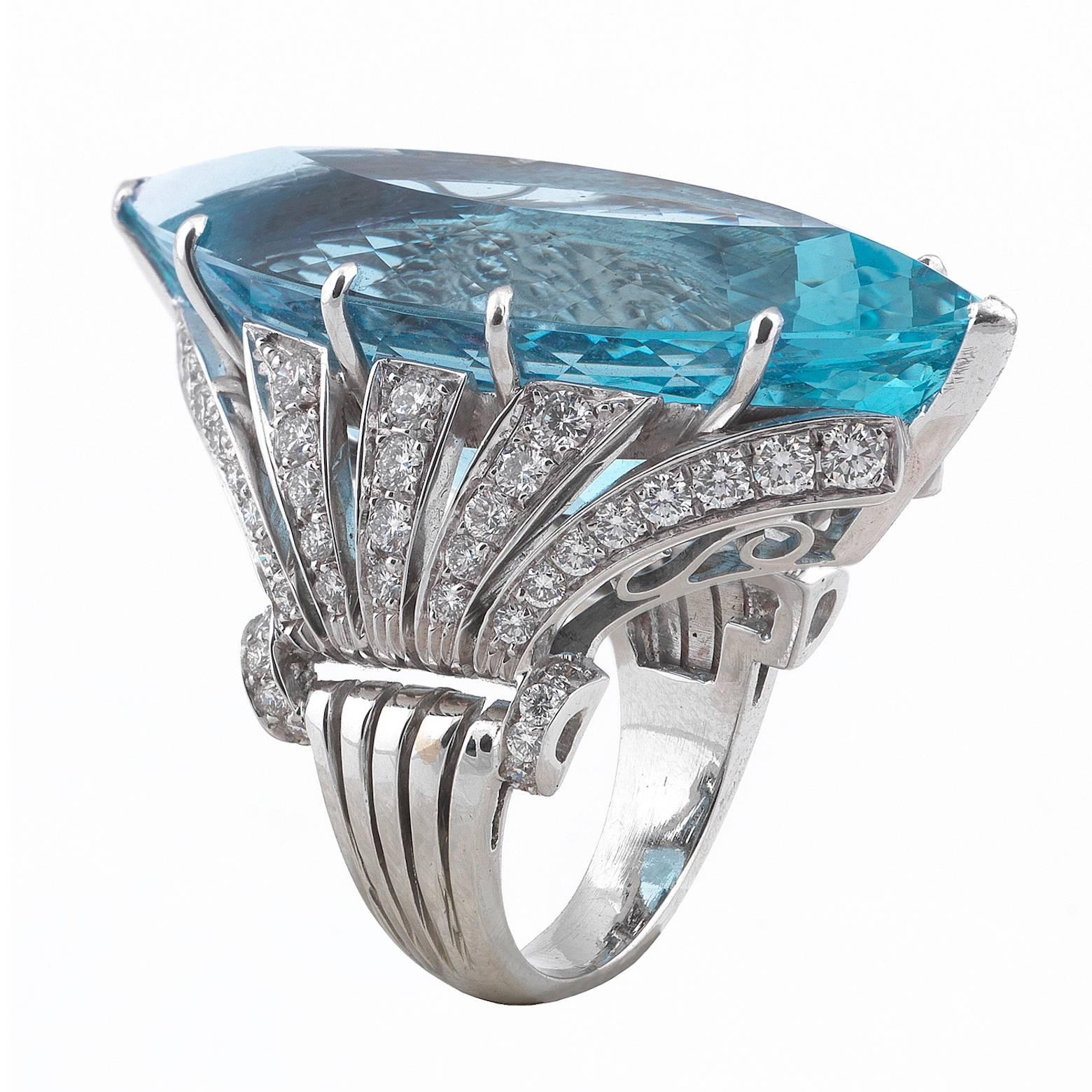 Marquise Cut 1950s Aquamarine Diamond White Gold Dress Ring