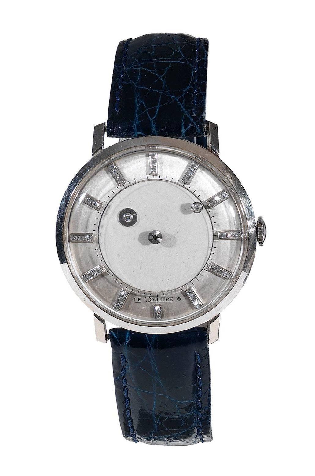 PLEASE NOTE: OUR PRICE IS FULLY INCLUSIVE OF SHIPPING, IMPORTATION TAXES & DUTIES.

Vacheron & Constantin-LeCoultre 14k White Gold Mystery Wristwatch, diamond-set indexes, manual-wind movement, circa 1950.

17-jewelmovement, white dial, inner