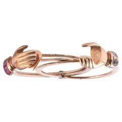 Anillo italiano Gimmel Fede de oro de 18 quilates con diamante y rubí, circa 1790