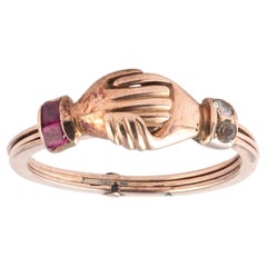 Anillo italiano Gimmel Fede de oro de 18 quilates con diamante y rubí, circa 1790