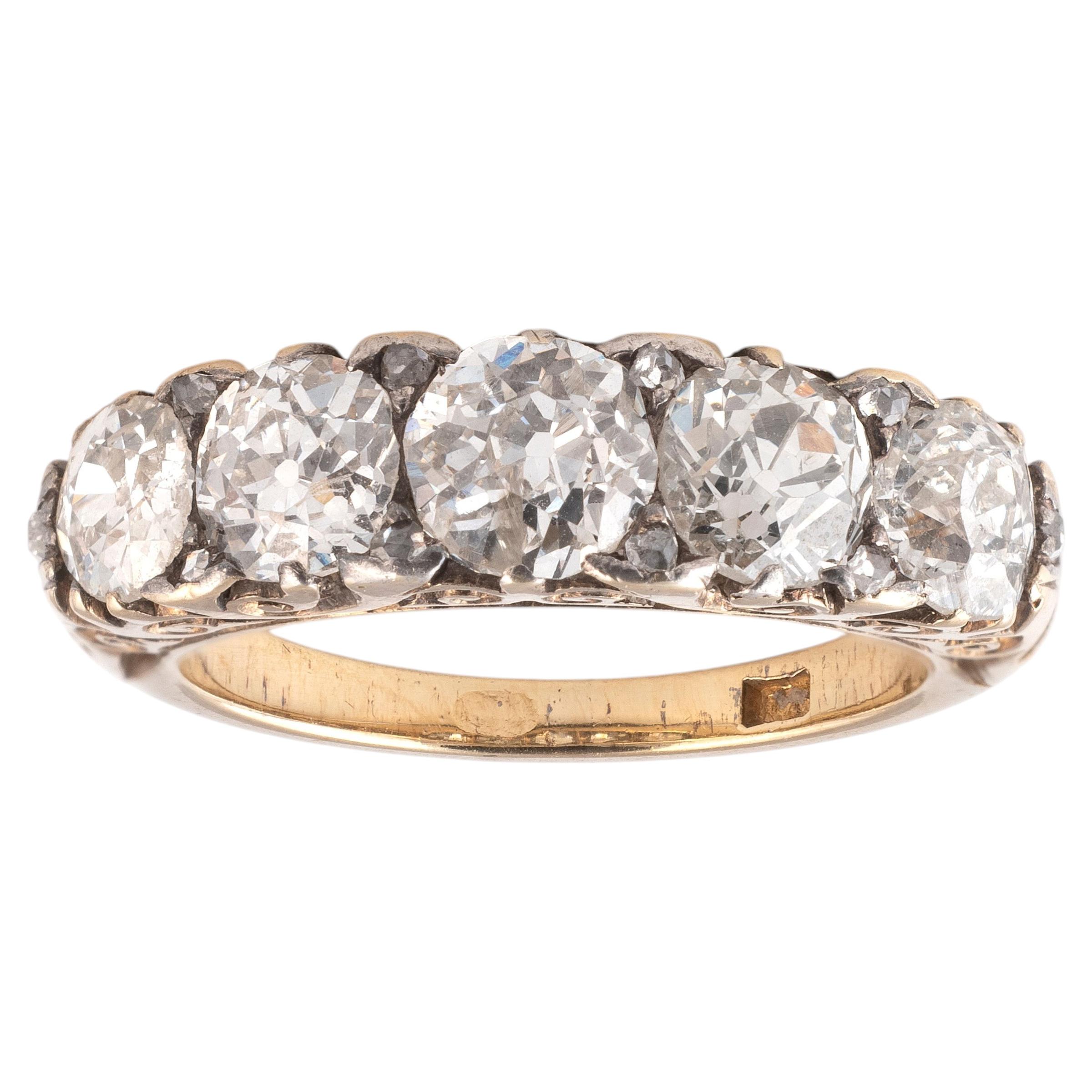 Antique 18kt Gold Five Stone Diamond Ring, Circa 1890, 2.8ct