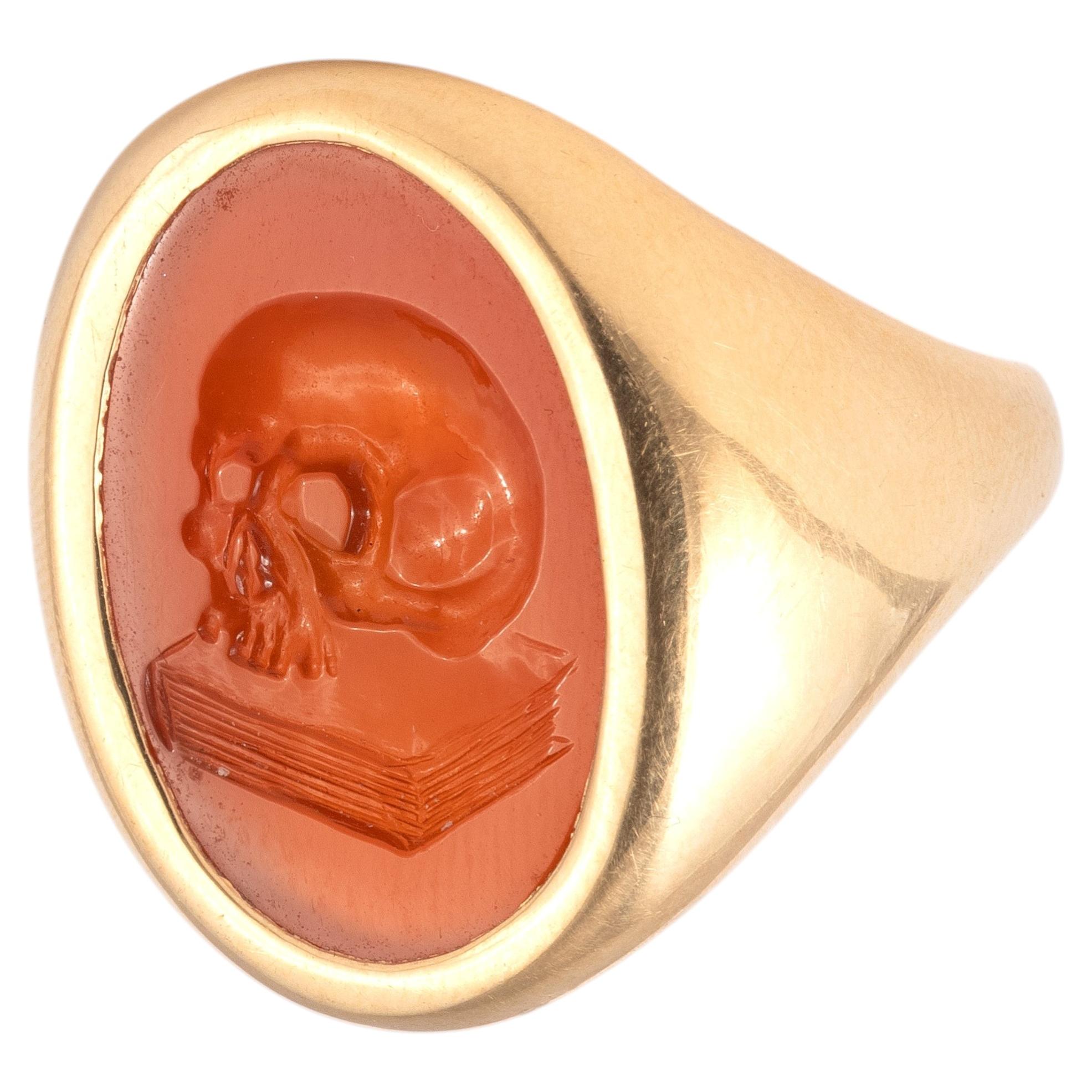 Antique 18k Gold Carnelian Intaglio Skull Ring, Italy Circa 1850s For Sale