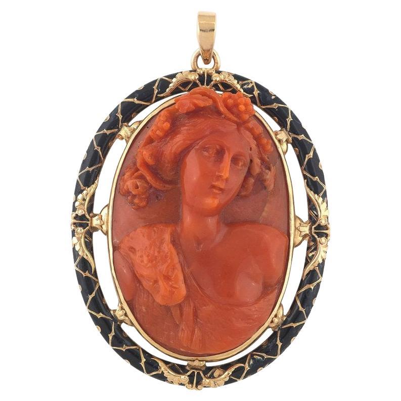 Cameo Coral Gold Black Enamel Dionysus Pendant For Sale