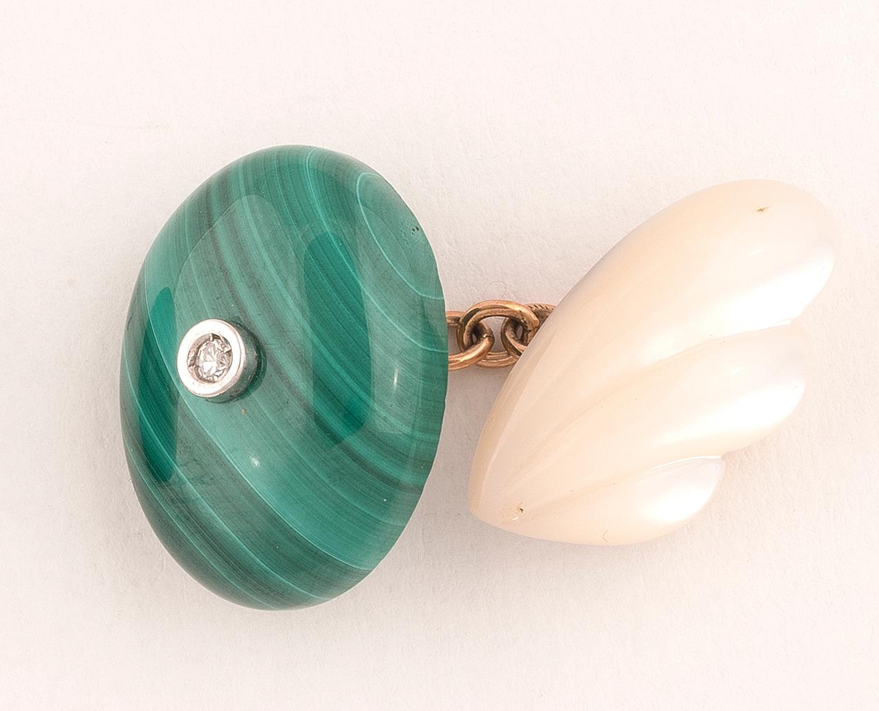 Contemporary Gold Mother of the Pearl Malachite and Diamond Cufflinks For Sale