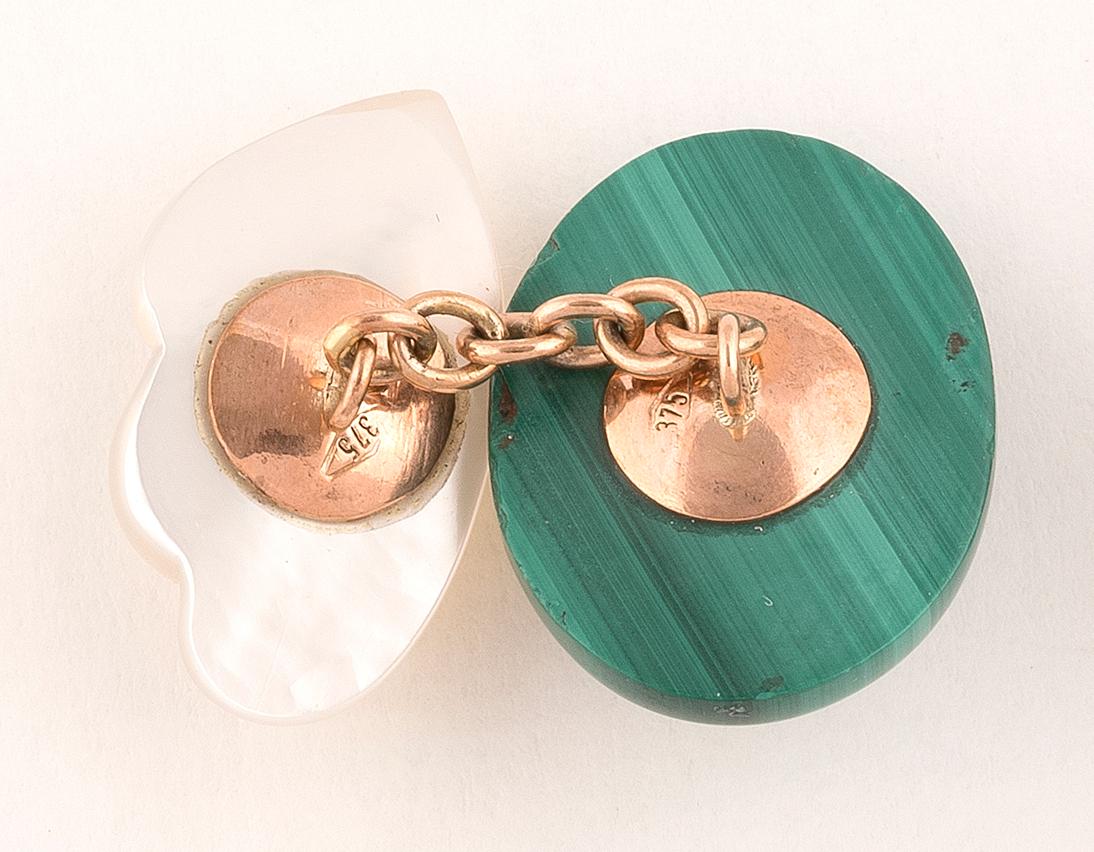 Uncut Gold Mother of the Pearl Malachite and Diamond Cufflinks For Sale