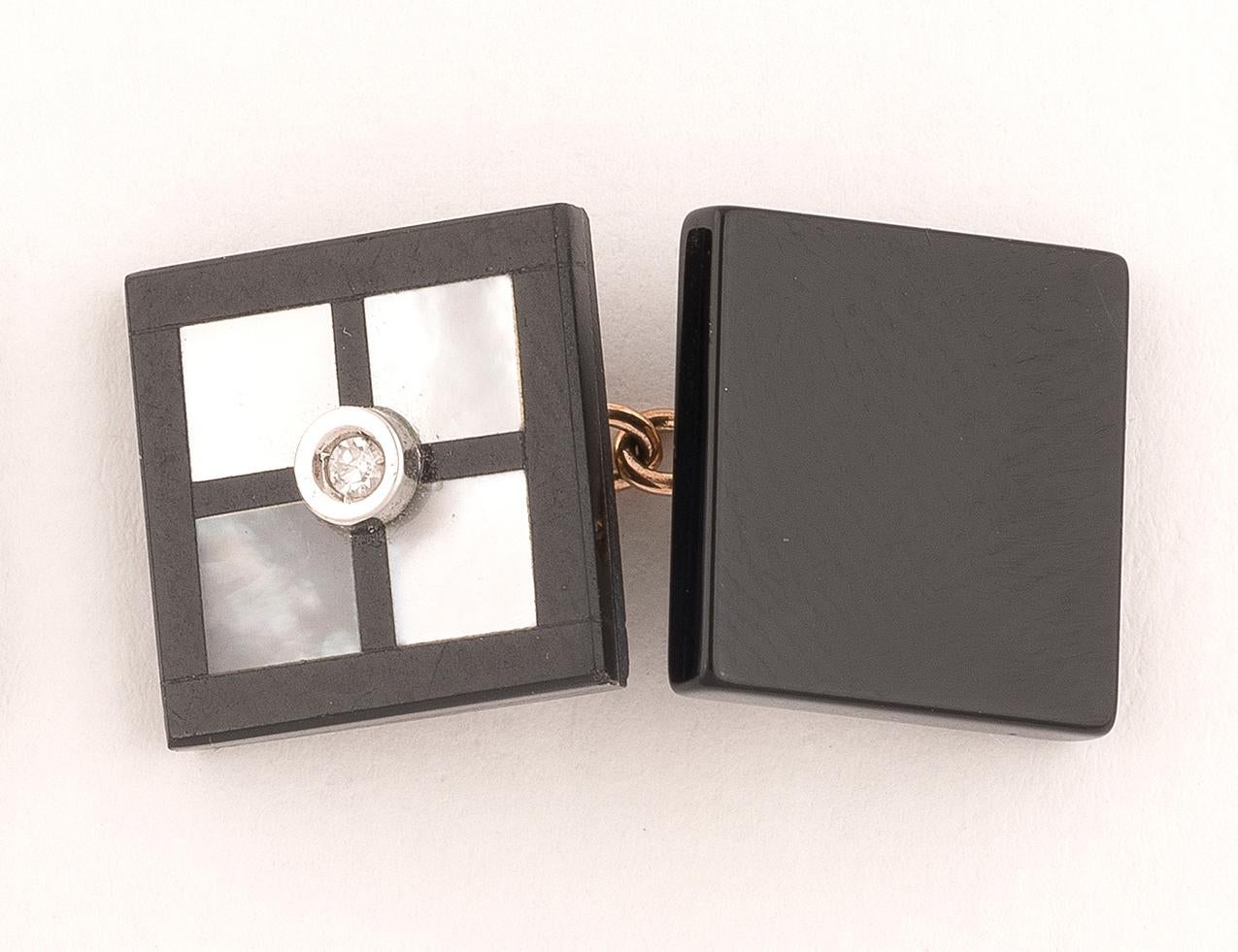 Contemporary Gold Onyx Mother of Pearl and Diamond Cufflinks For Sale