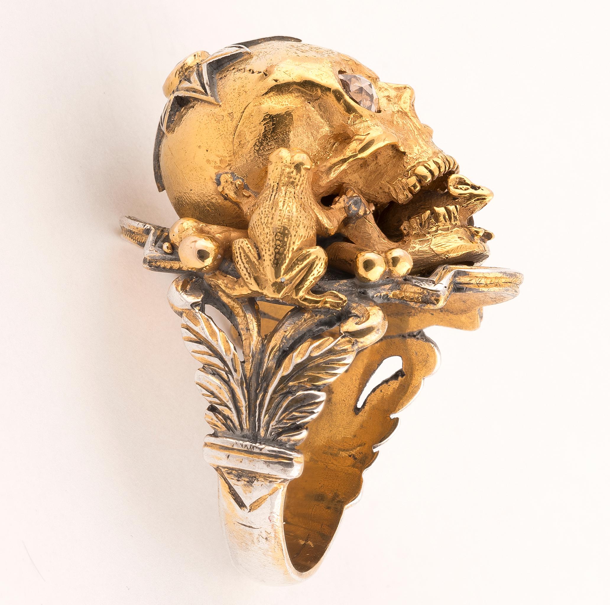 Contemporary Bernardo Large Gold Silver Diamond Skull Ring