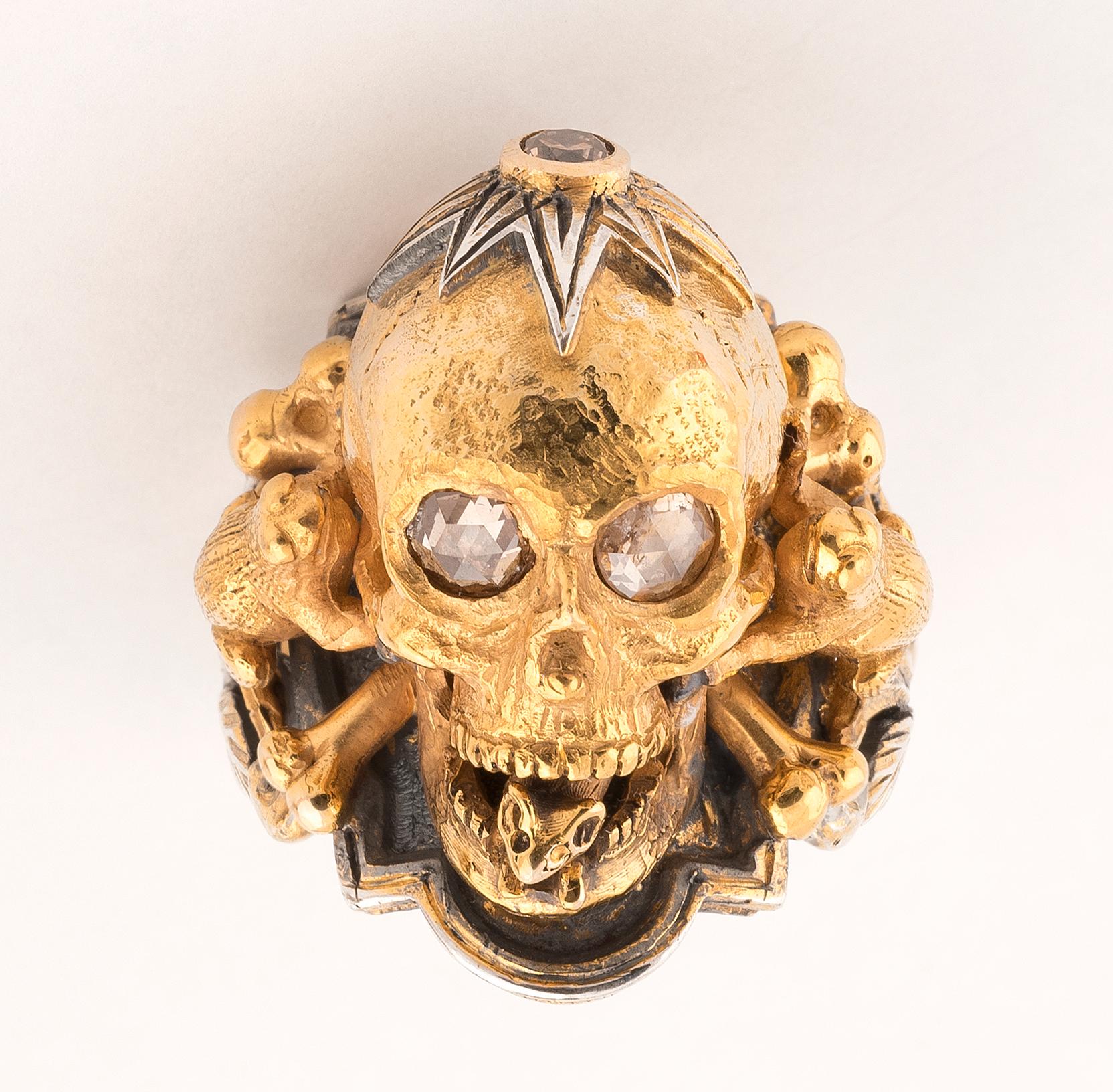 Women's or Men's Bernardo Large Gold Silver Diamond Skull Ring