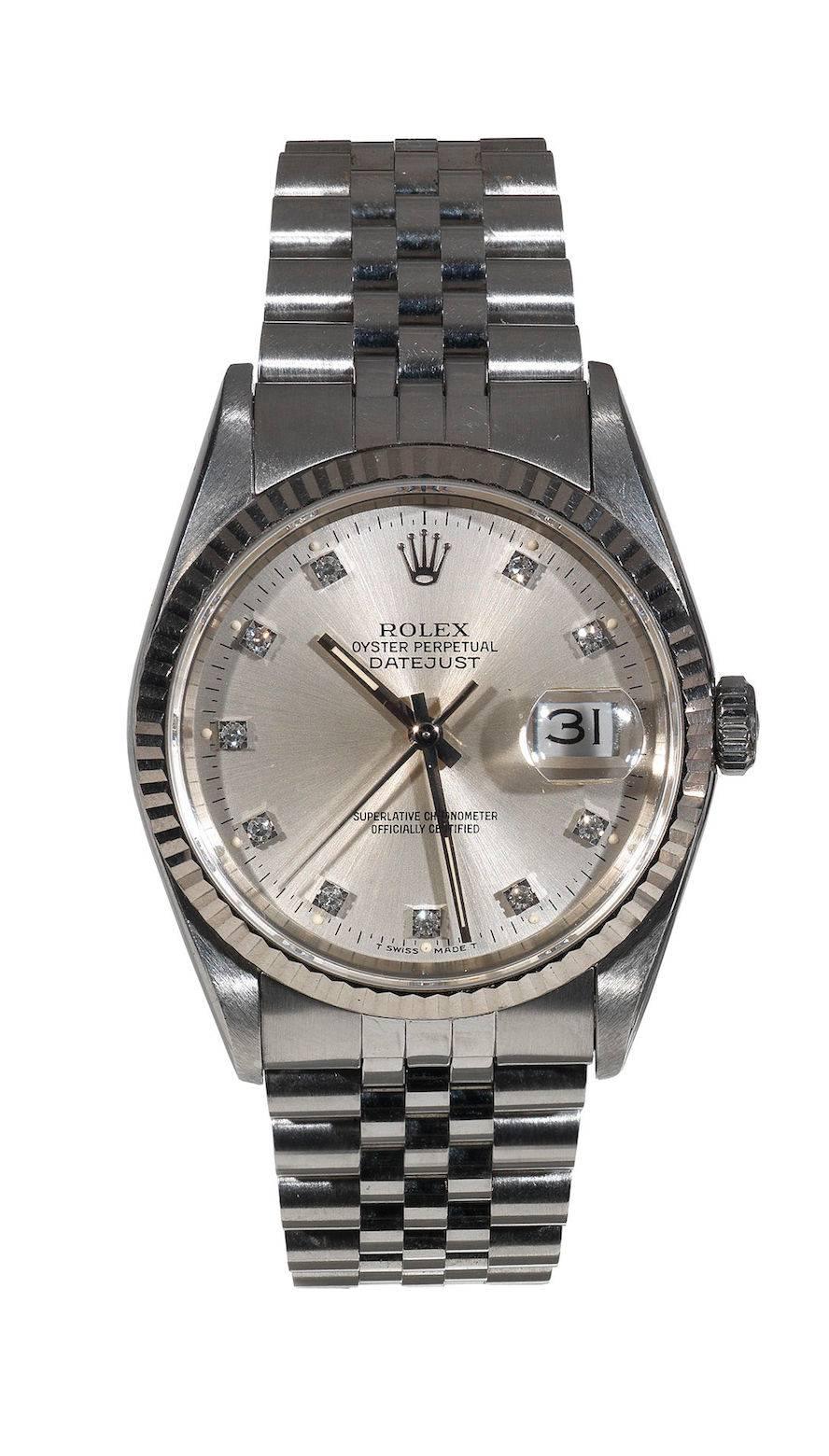 Ref. 16234, Case n° X148738, made on 1991, sold on 1992
31-jewel Cal.3135 automatic movement, silvered dial, outer minute divisions, diamond set hour numerals, baton hands, magnified date aperture, sweep centre seconds, brushed and polished case,