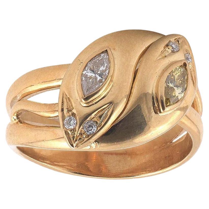 18 Carat Yellow Gold Marquise Diamond Snake Ring For Sale
