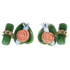 Enamel Jade Gold Snail Motif Cufflinks