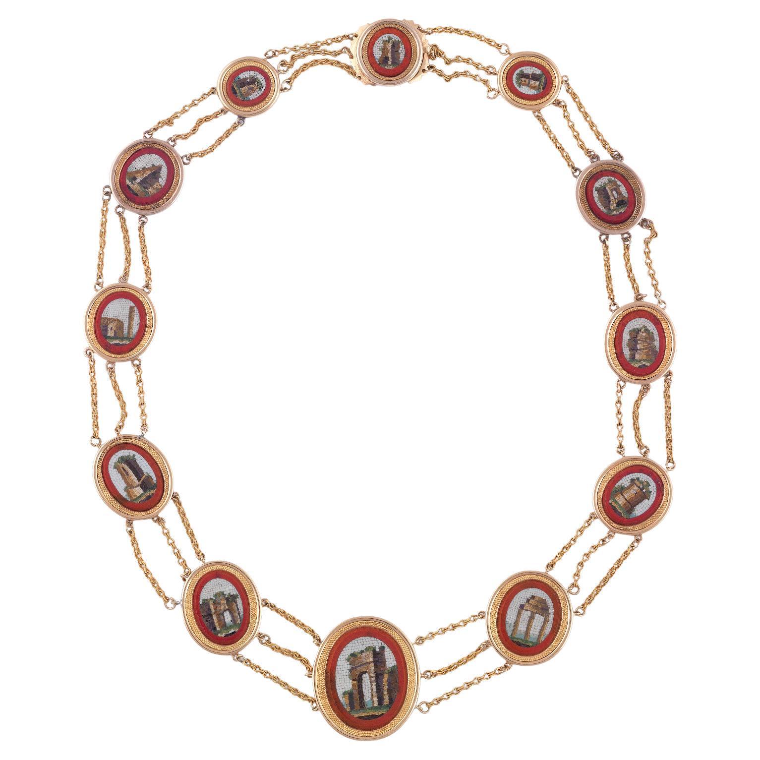 Gold and Red Glass Micromosaic Necklace, circa 1810-1820 For Sale