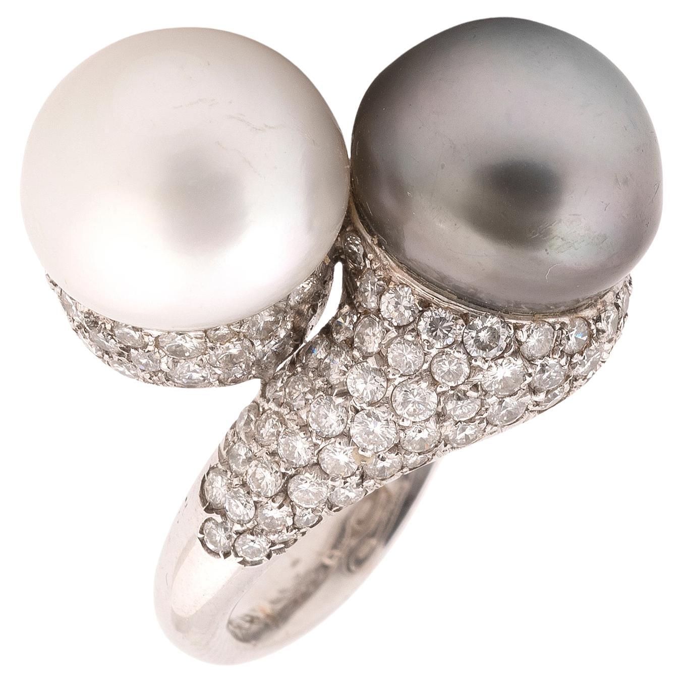Retro Cultured Pearl and Diamond Crossover Ring For Sale