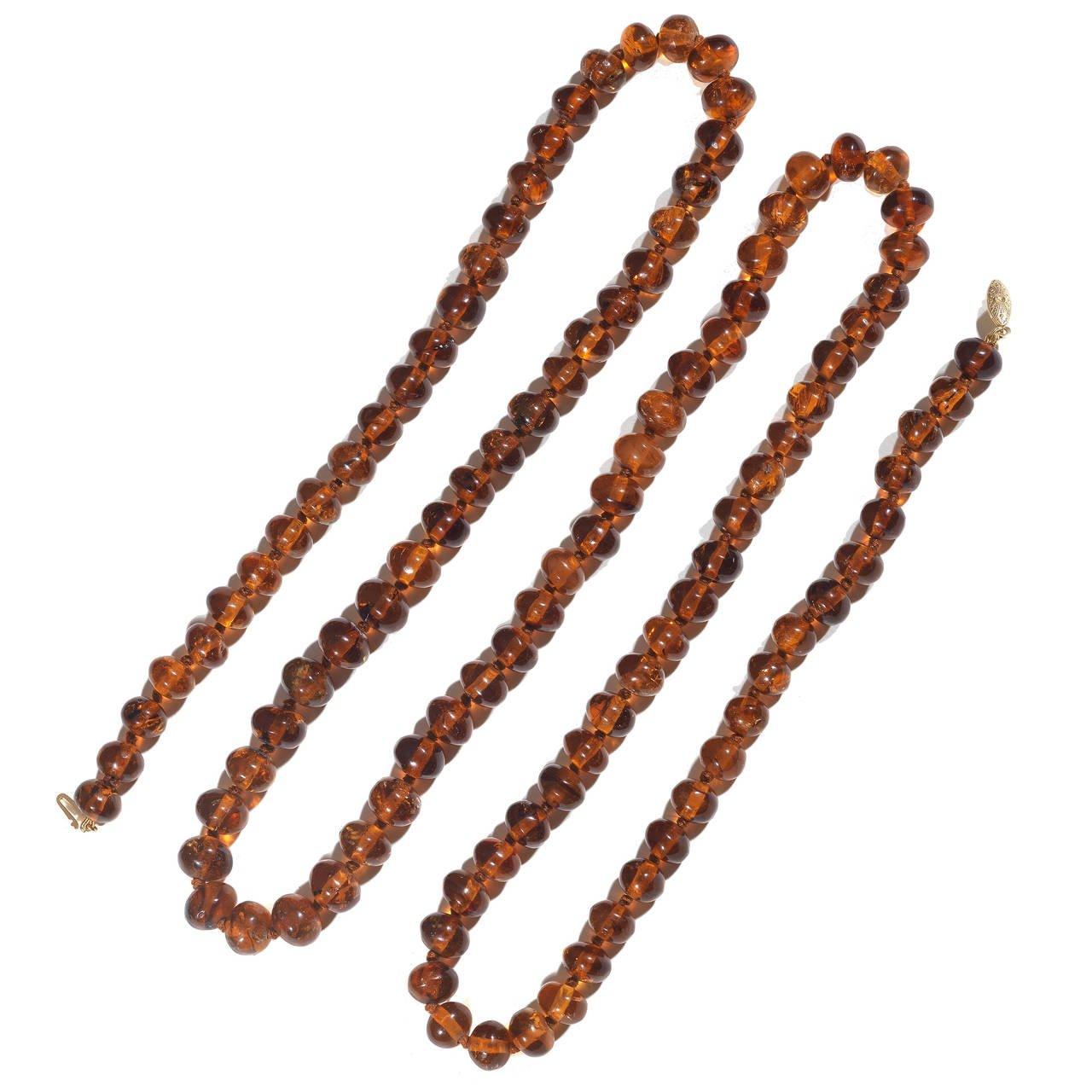 Retro Amber Oval Bead Long Necklace For Sale
