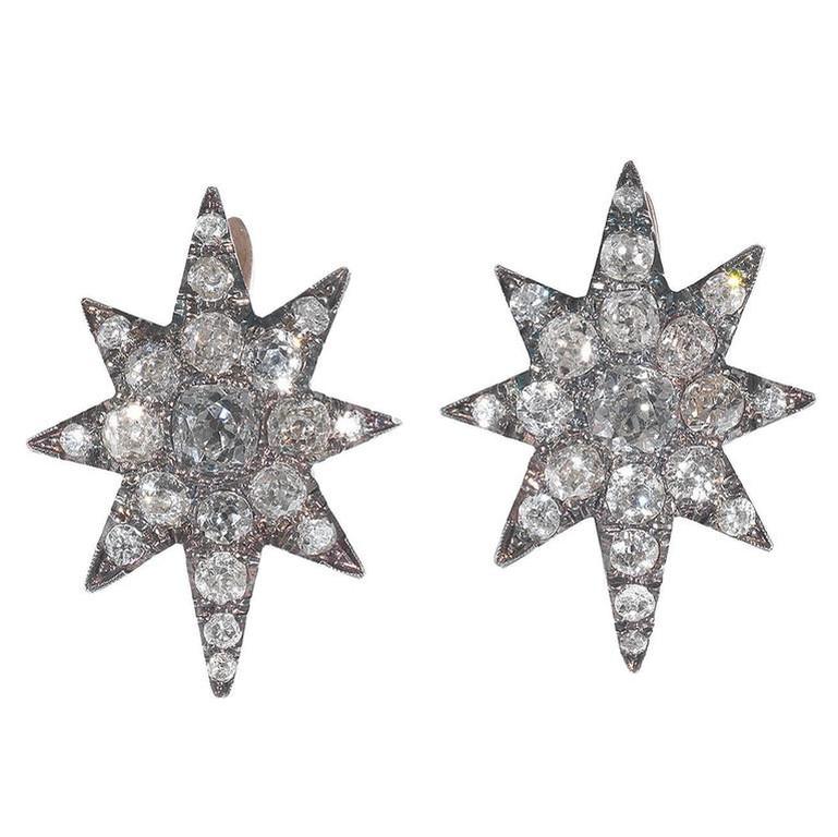 Victorian Antique Diamond Silver Gold Eight Point Star Cluster Earrings