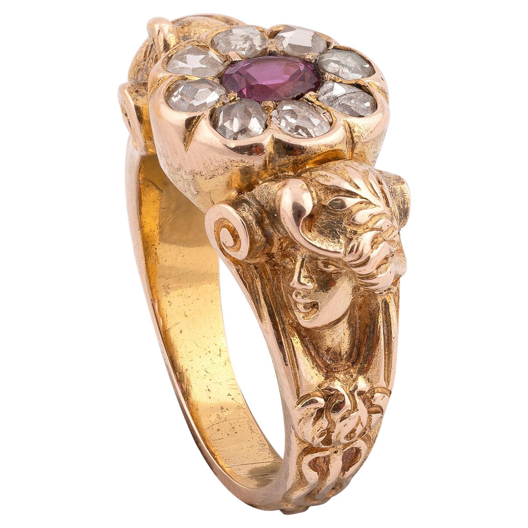 Art Nouveau Ruby and Diamond Cluster Ring, circa 1920 For Sale