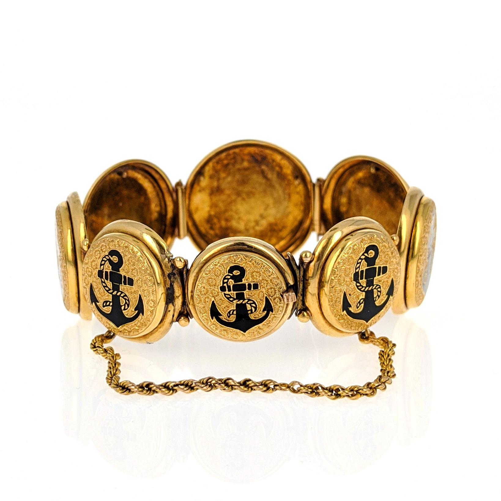 Antique Anchors Enamel Gold Link Bracelet For Sale 3