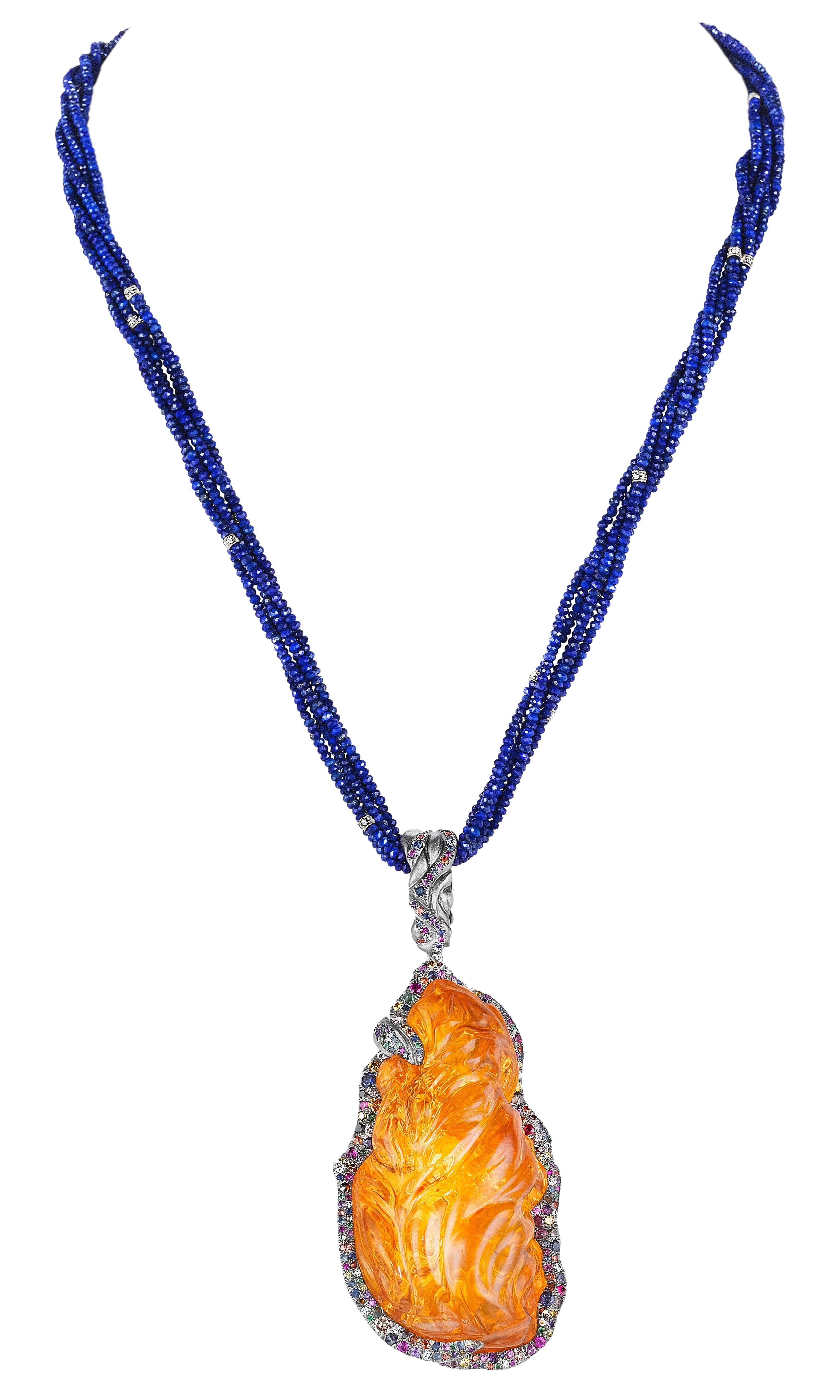 Naomi Sarna Fire Opal Multi-Color Diamond Sapphire Lapis Lazuli Necklace For Sale 2