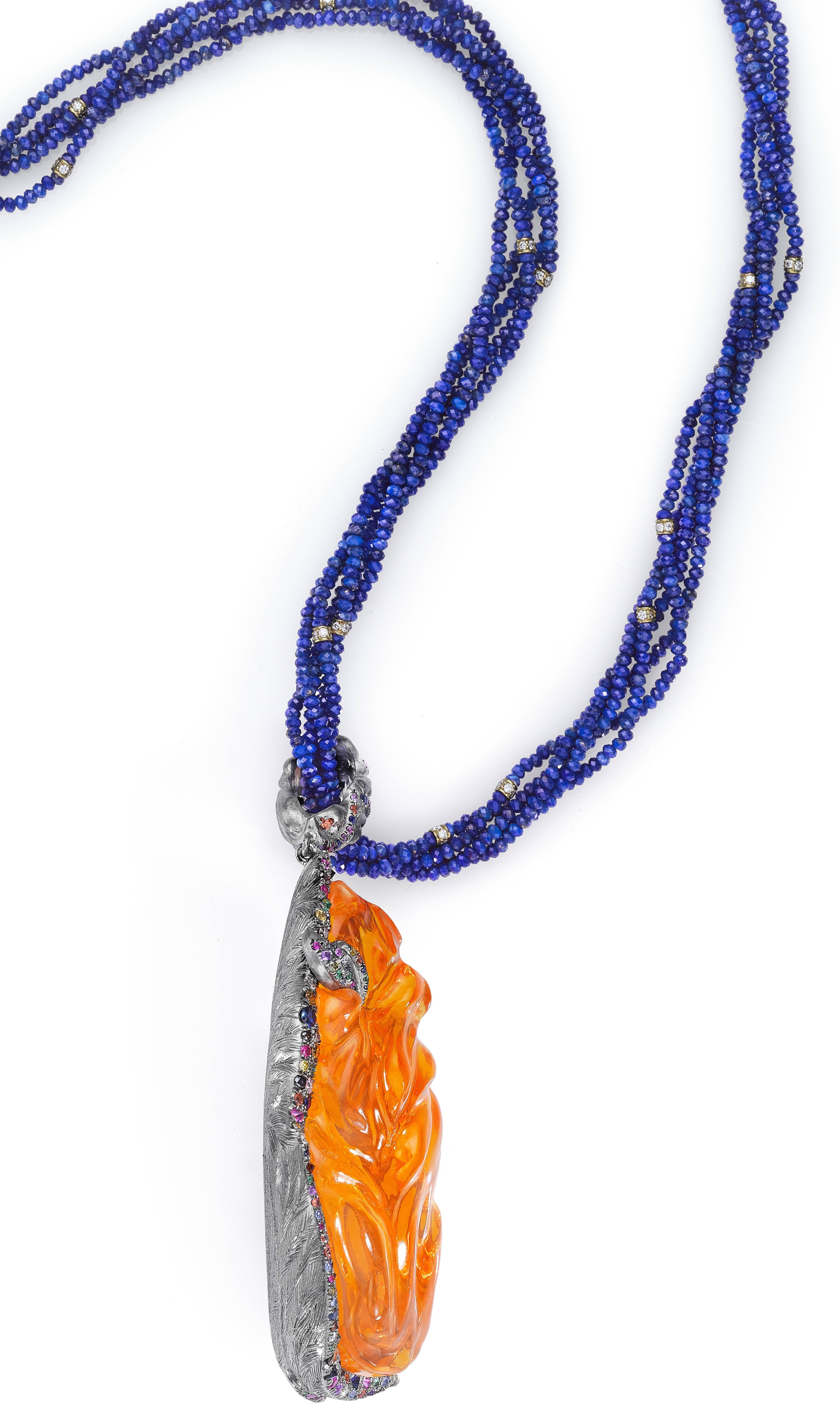 Women's Naomi Sarna Fire Opal Multi-Color Diamond Sapphire Lapis Lazuli Necklace For Sale