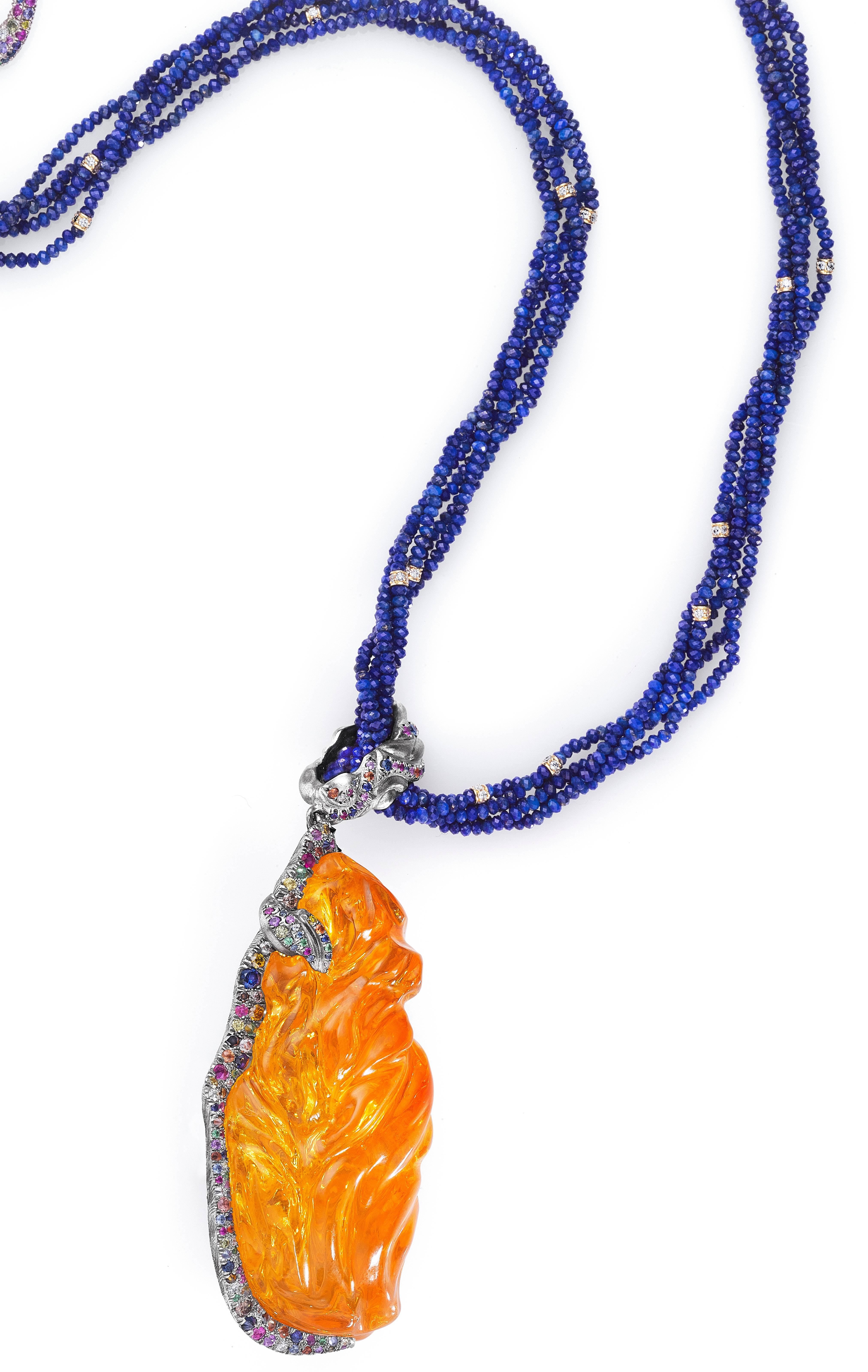 Naomi Sarna Fire Opal Multi-Color Diamond Sapphire Lapis Lazuli Necklace In New Condition For Sale In New York, NY