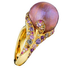 Naomi Sarna Unique Purple Chinese Pearl Diamond Sapphire Amethyst Gold Ring