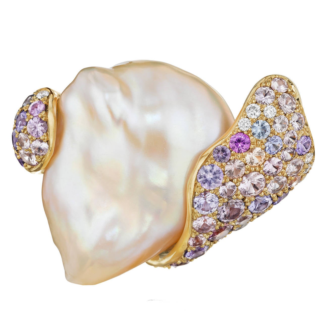 Naomi Sarna Chinese Pearl Diamond Sapphire Gold First Wave Brooch