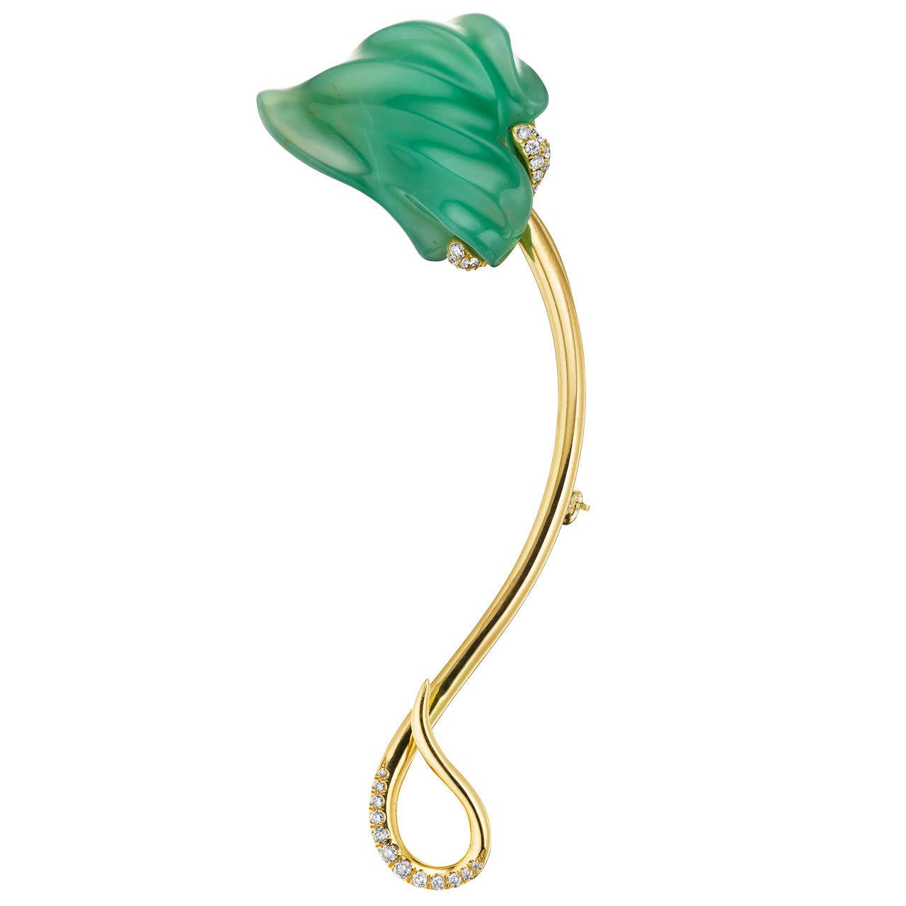 Naomi Sarna Carved Chrysoprase Diamond Gold Flower Pin For Sale