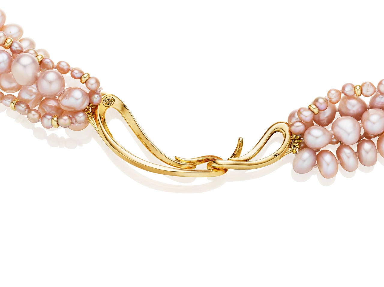 Naomi Sarna Five Strand Pink Pearl Gold Necklace In New Condition For Sale In New York, NY