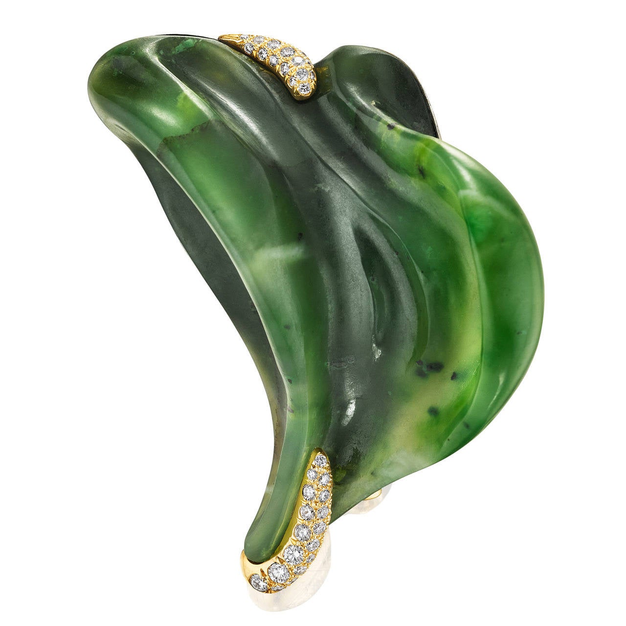 Hand-Carved Nephrite Jade Diamond Silver Gold Brooch For Sale