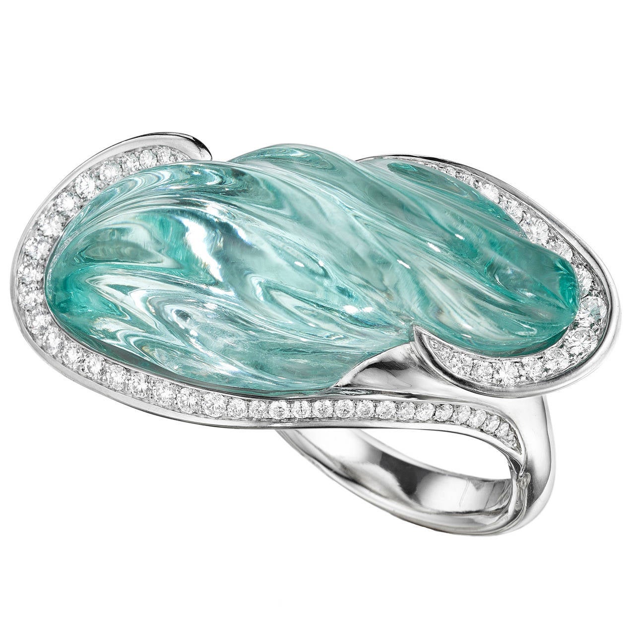 Naomi Sarna Award Winning Hand-Carved Topaz Diamond Palladium Ring For Sale
