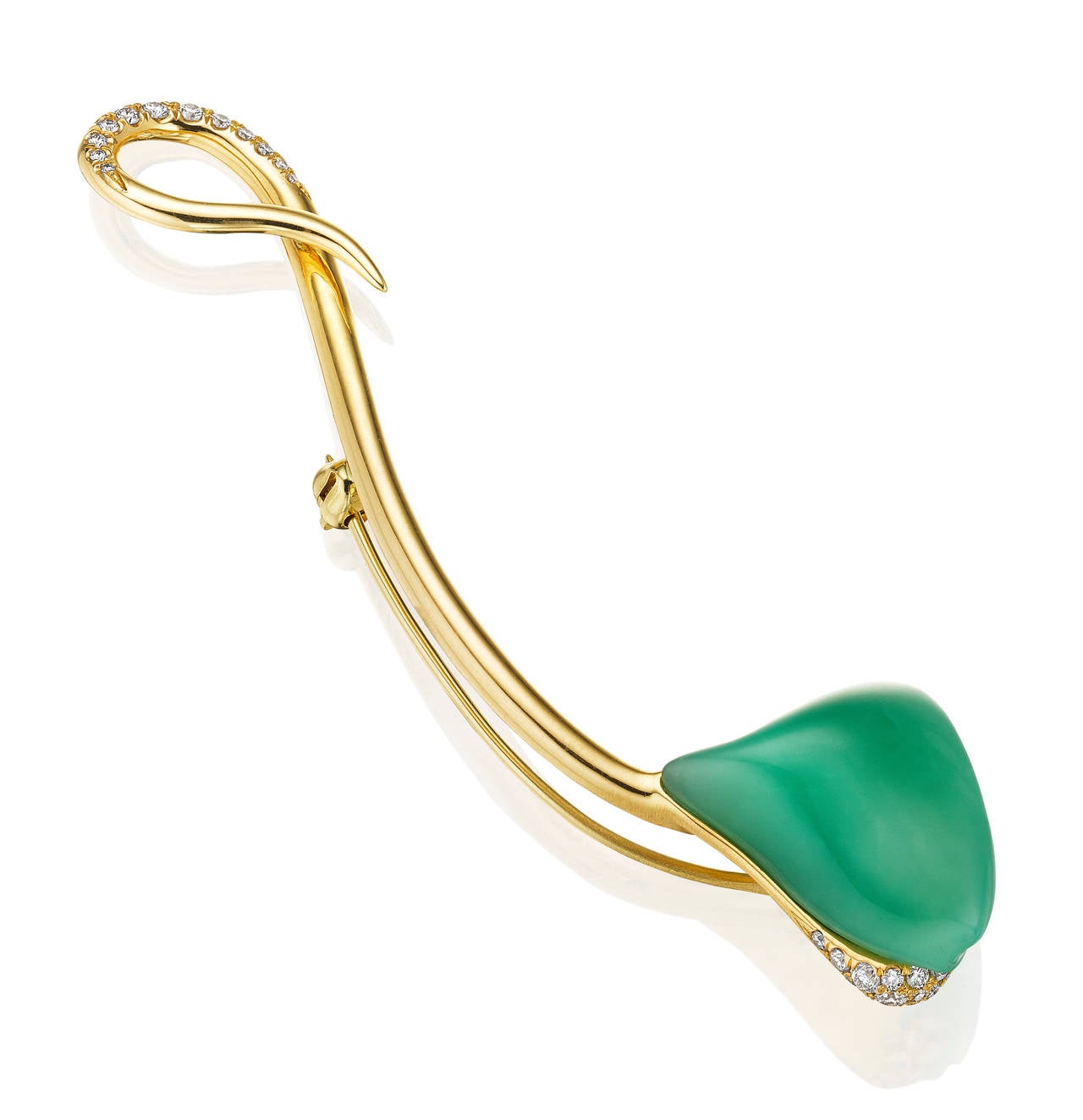 Adorable. This one-of-a-kind brooch features a hand-carved chrysoprase blossom blooming on an 18K yellow gold stem embellished with a sparkle of VS F-G white diamonds. Frequently mistaken for excellent jadite jade, this is very high quality